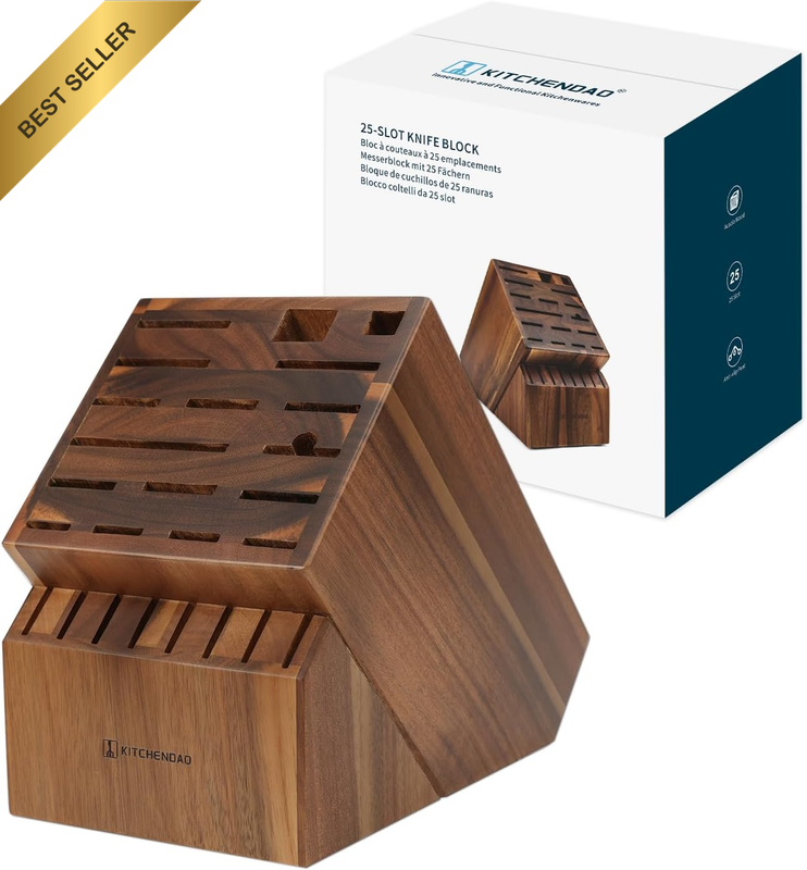 25 Slot Acacia Wood Knife Block without Knives, Large Universal Knife Holder for