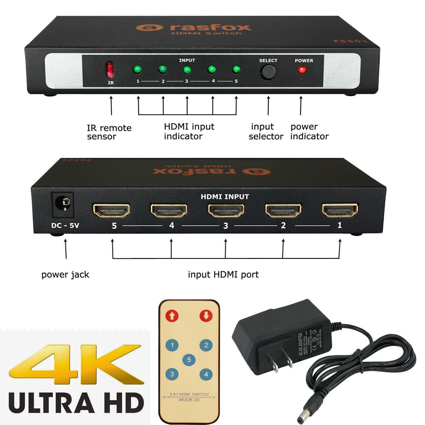5-Port HDMI Switch 5x1 Switcher Selector Splitter 4K 1080P  