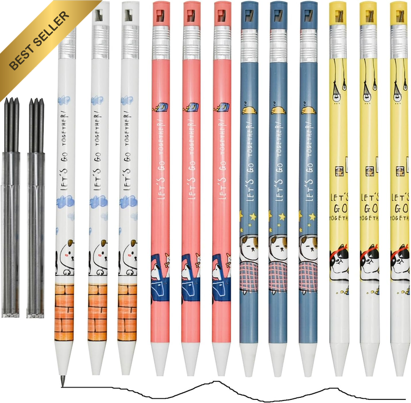 12 Pcs 2-In-1 Cartoon Dog Mechanical Pencil with Sharpener and 10 Pcs Thick Lead
