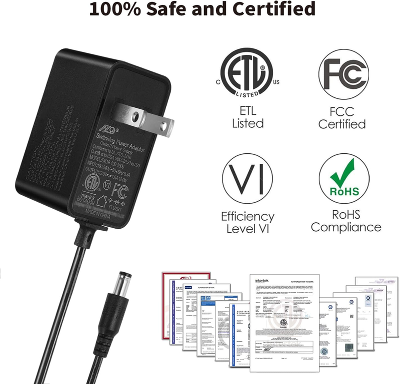 12V 1A 10ft Power Supply Adapter, 12W AC/DC Charger w/8Tips, AC 100-240V to DC 1