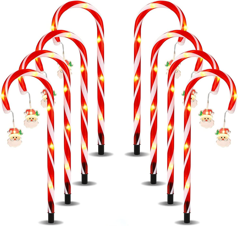 Christmas Candy Cane Solar Light with Cute Santa Claus Star Snowflake, Set of 8