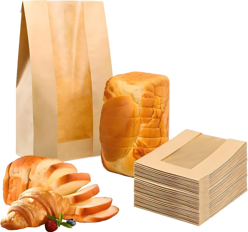 100 Pack Kraft Sourdough Bread Bags with Window and Tin Tie, 30X21X9Cm Large Pap