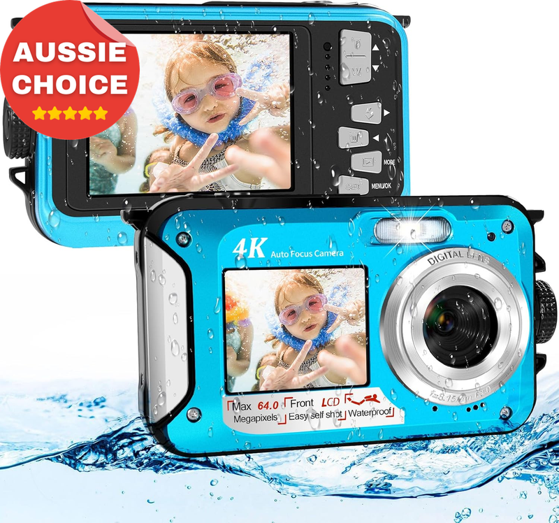 64MP Waterproof Kids Camera 4K Dual Screen 32GB Card Snorkeling 2 Batteries