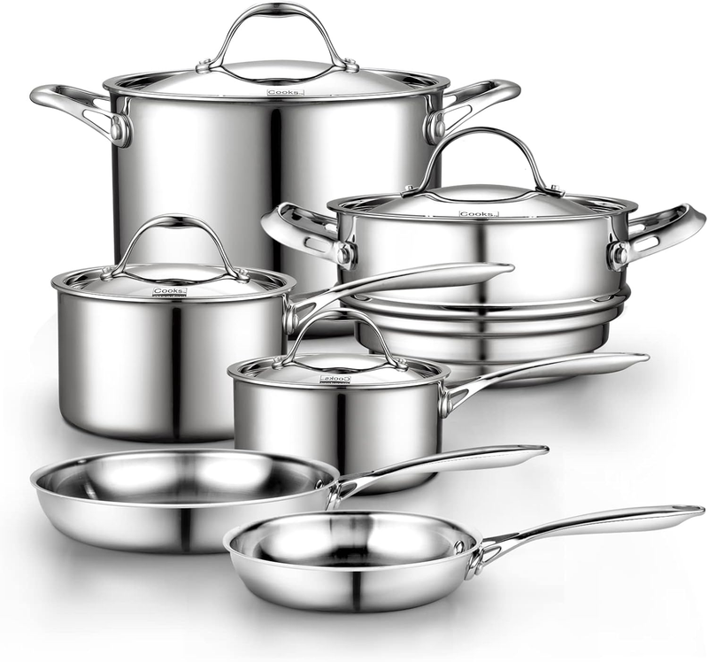 Stainless Steel Kitchen Cookware Sets 10-Piece, Multi-Ply Full Clad Pots and Pans Cooking Set with Stay-Cool Handles, Dishwasher Safe, Oven Safe 500°F, Silver