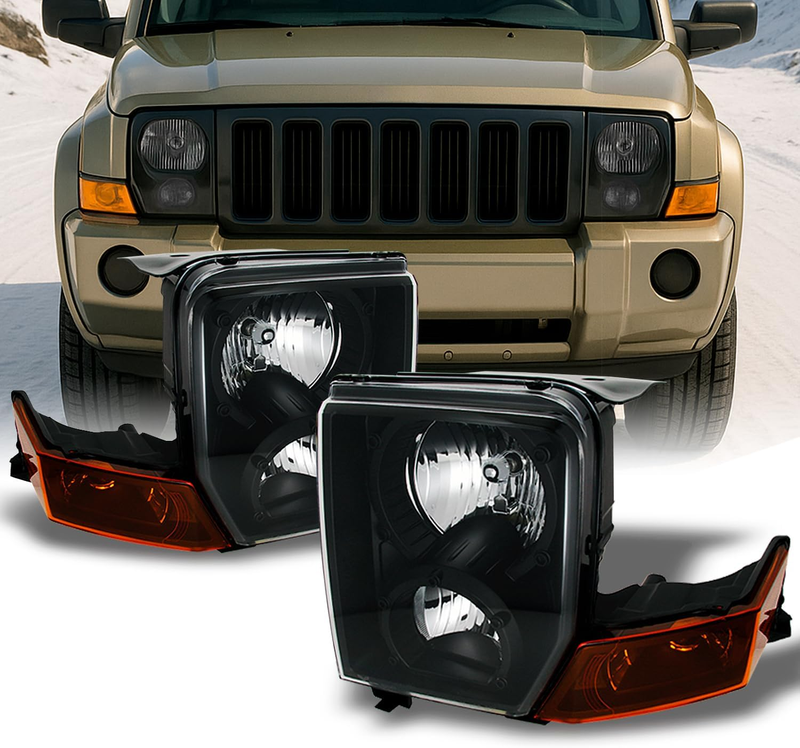 Halogen Black Headlights Driver & Passenger Set for 2006-2010 Jeep Commander
