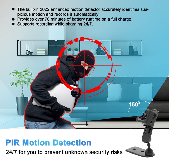 Security camera with motion detection feature in home setting.