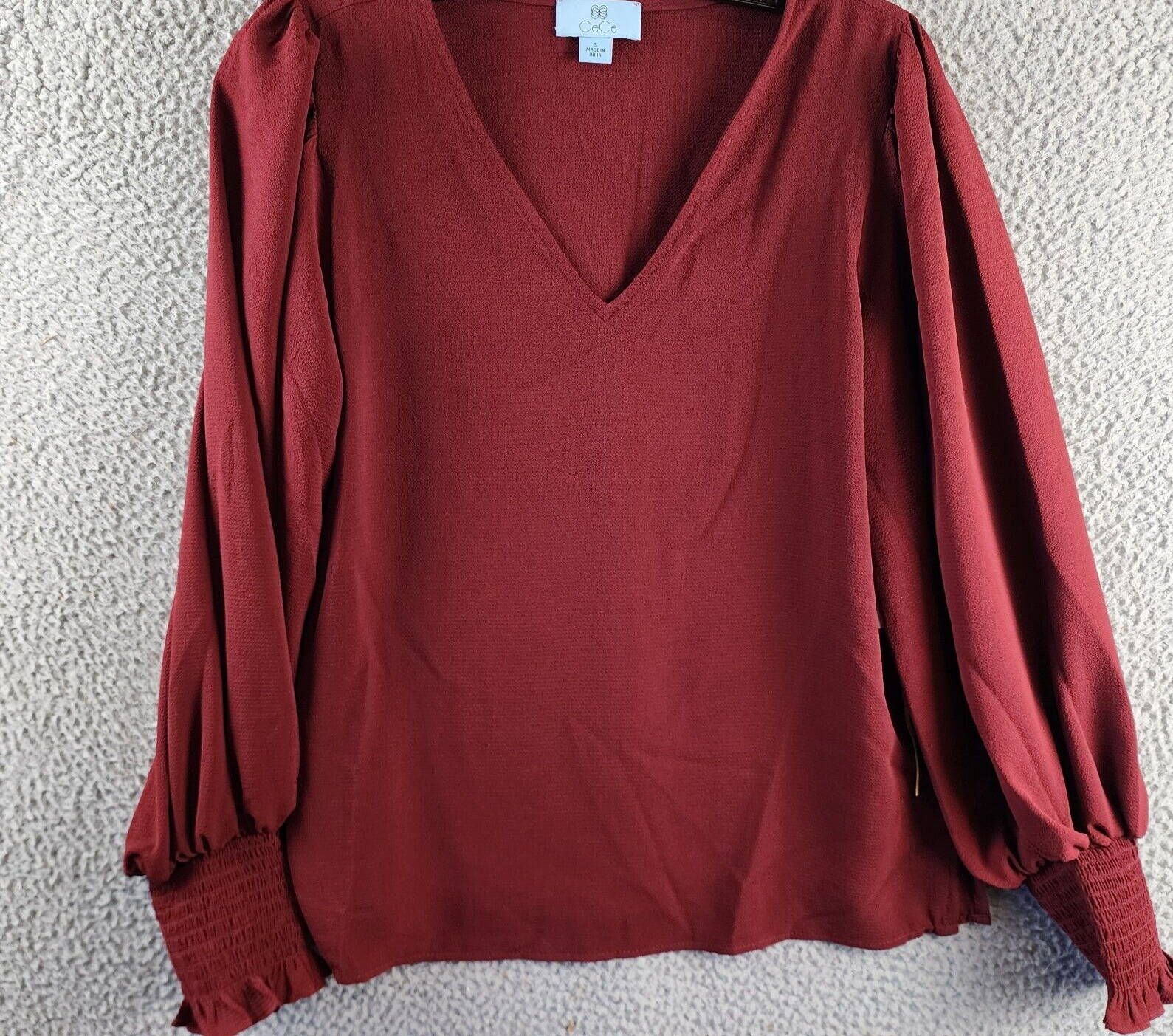 CeCe Solid Smocked-Cuff V-Neck Charmeuse Blouse Women's S Claret Red Long Sleeve - Picture 2 of 15