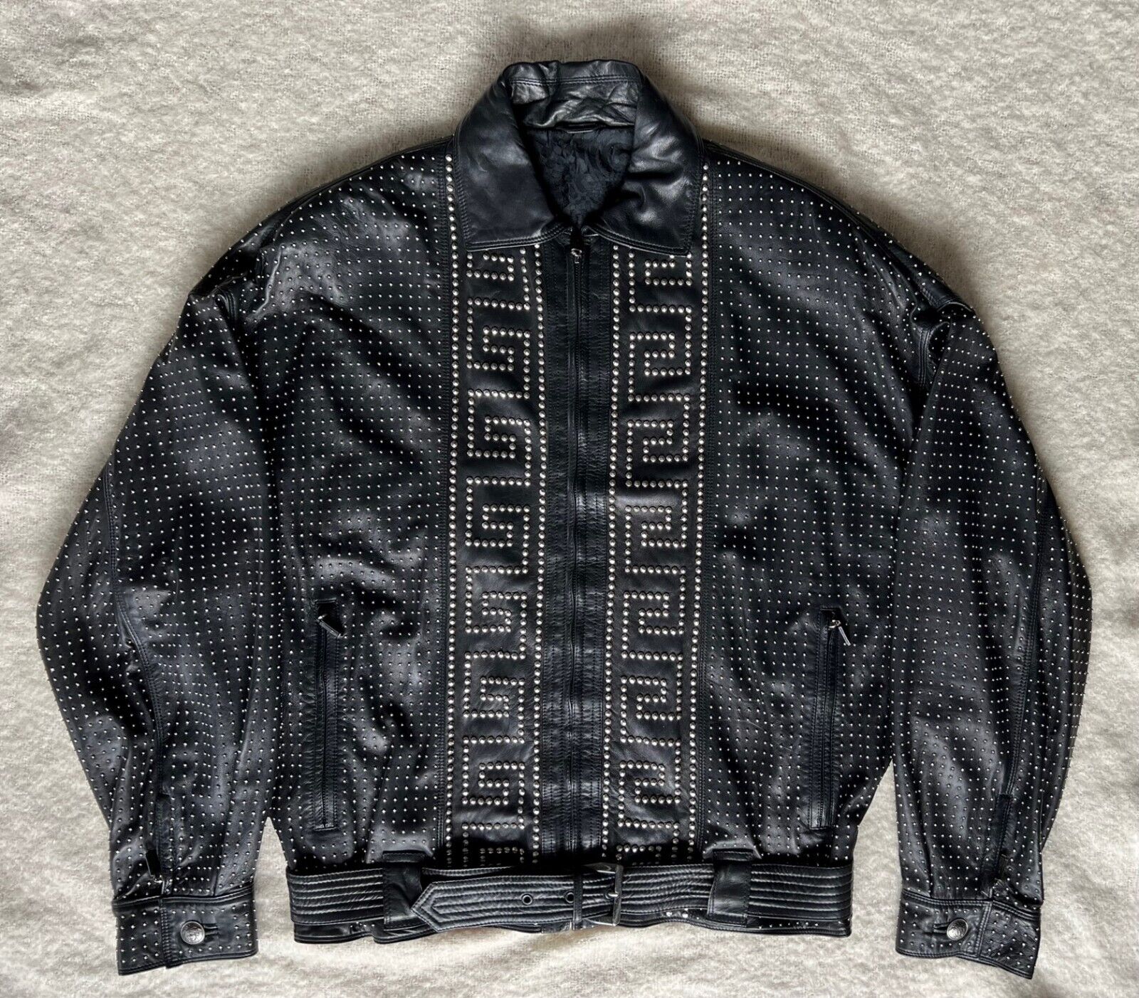 GIANNI VERSACE Leather Jacket Black Studded with zip size IT 52 from the 1990's GIANNI VERSACE Leather Jacket Black Studded with zip size IT 52 from the 1990's