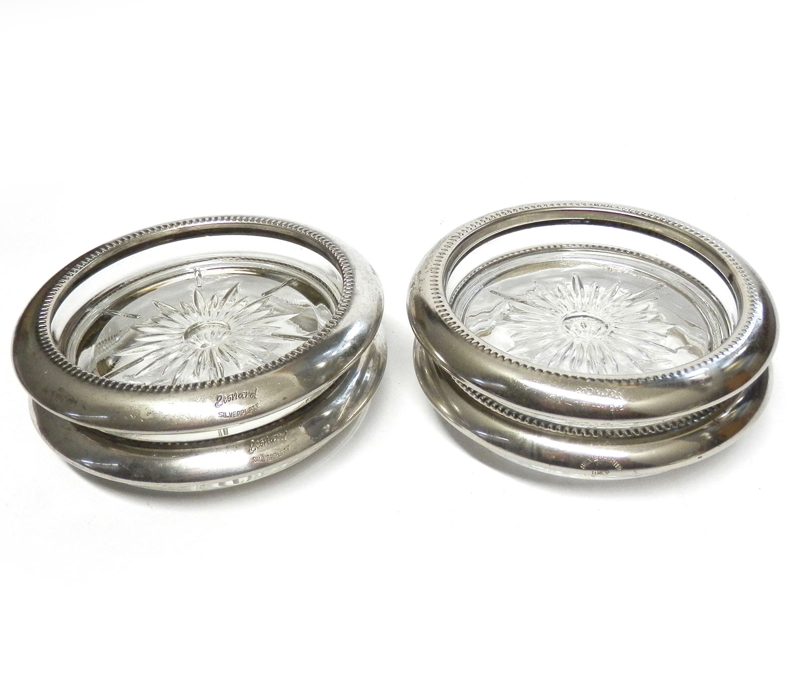 Set of Four Vintage Glass Coasters Silver Plated Collar Trim LEONARD Italy 4