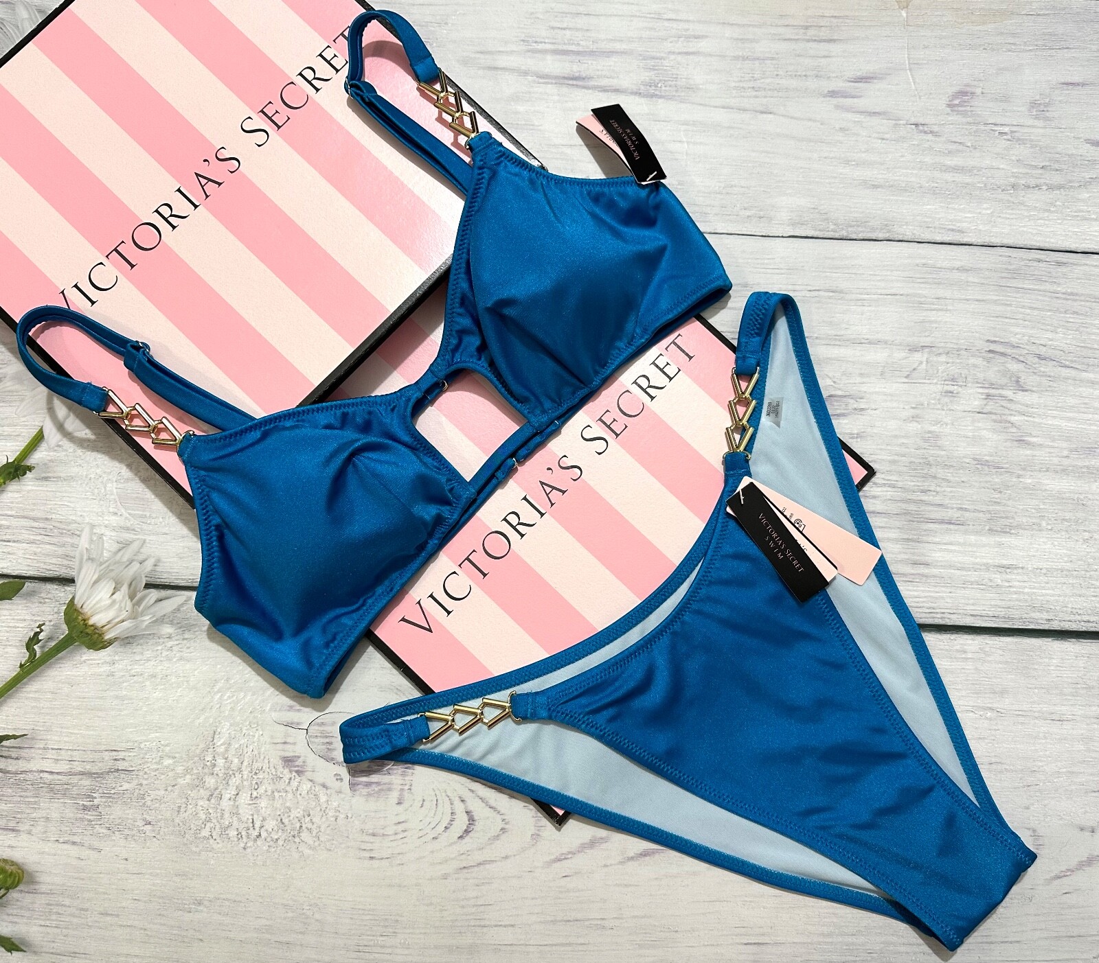 

VICTORIAS SECRET Купальник с ремешком-цепочкой и вырезом Верх в бразильском стиле Синий, Shoreline teal