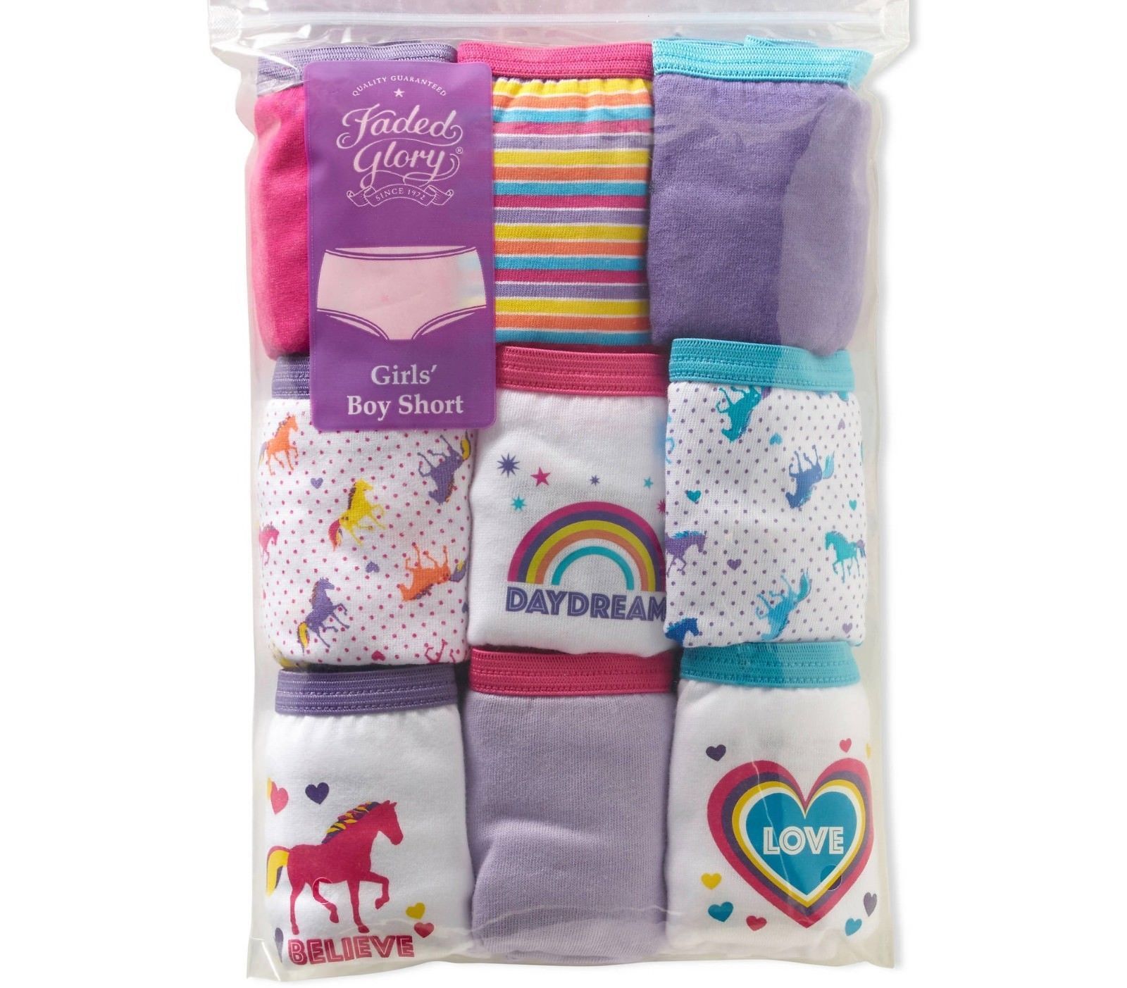 NWT SIZE 10 Faded Glory 9 pk Girls Boy Short Panties Underwear ASSORTED COLORS