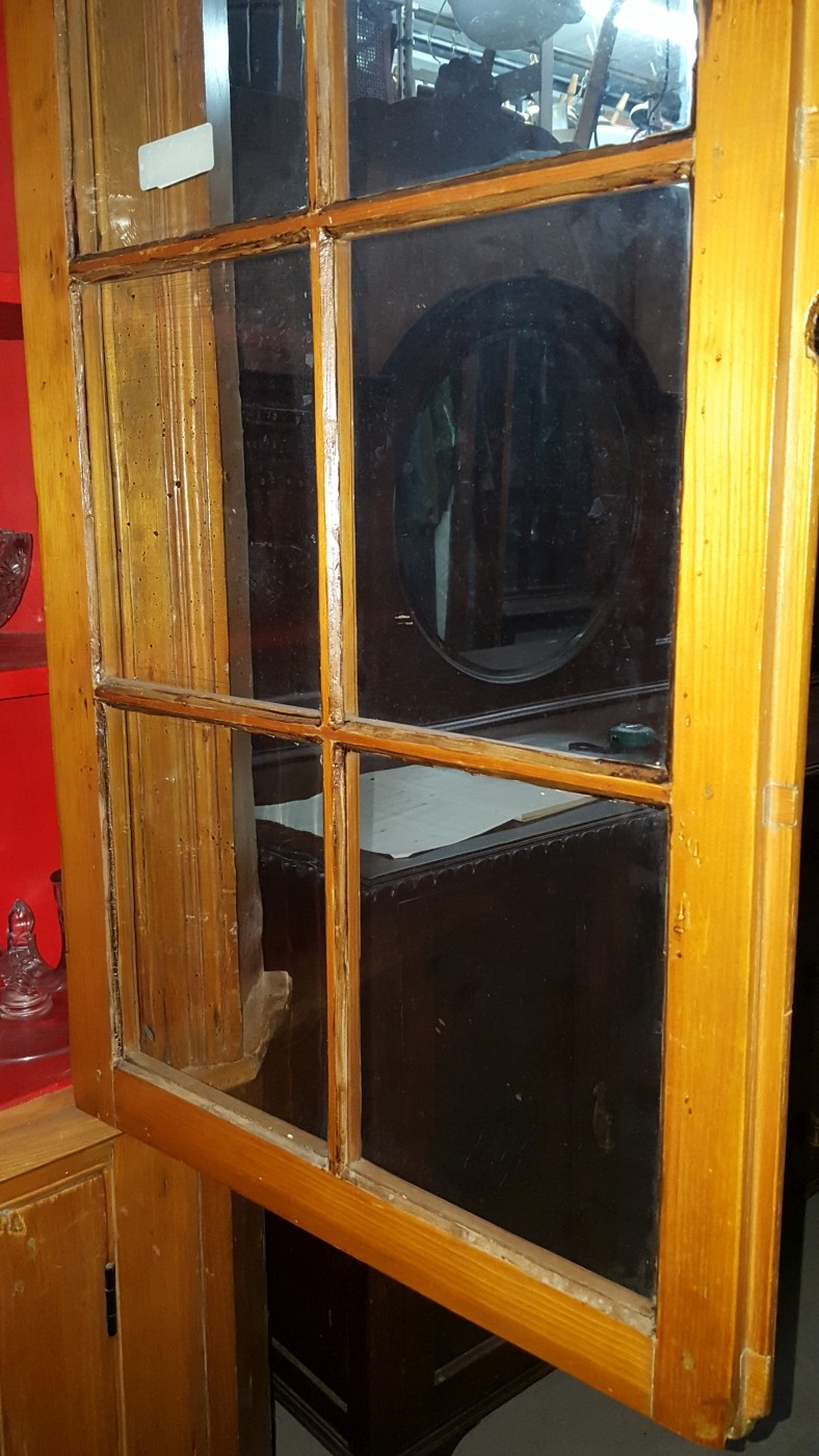 1700's Early 1800's Very Tall & Wide Pine Wood & Wavy Glass Corner Cabinet