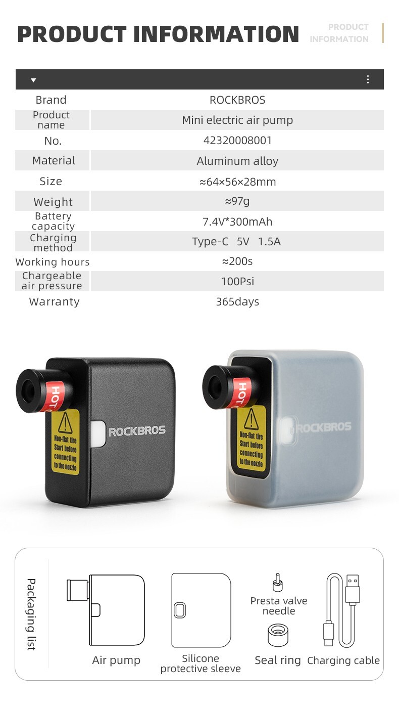 ROCKBROS Bike Electric Air Pump Portable 100PSI Tire Inflator Type-C Rechargable