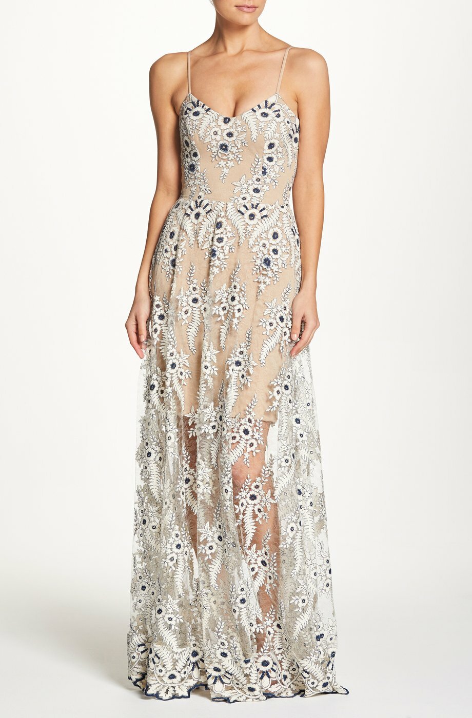

DRESS the POPULATION Платье макси цвета слоновой кости телесного цвета с цветочной вышивкой CARLA Maxi Gown, Multicolor