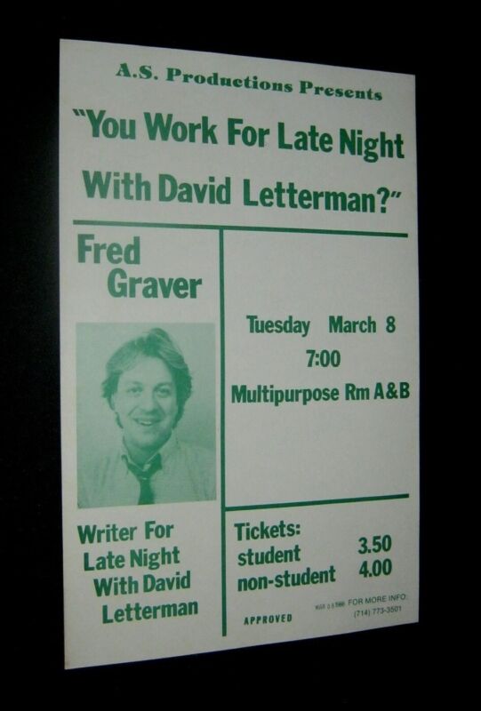 Original MARCH 8 1988 David Letterman Writer FRED GRAVER Cal State Fullerton