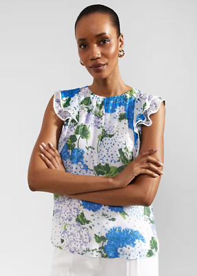 Hobbs SIMONA Frill Sleeve FLORAL TOP White Blue UK 18 RRP £79