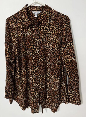Nine West Cheetah Print Blouse Plus OX Button Up Collar Long Sleeve New