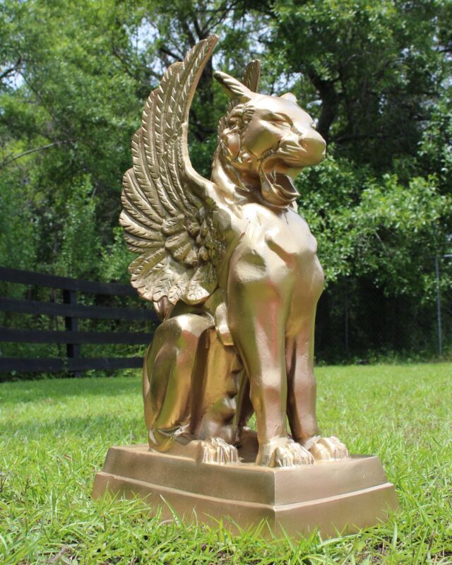 Pair of Gargoyle Griffin Statues in Gold Finish with Wings Cat Face