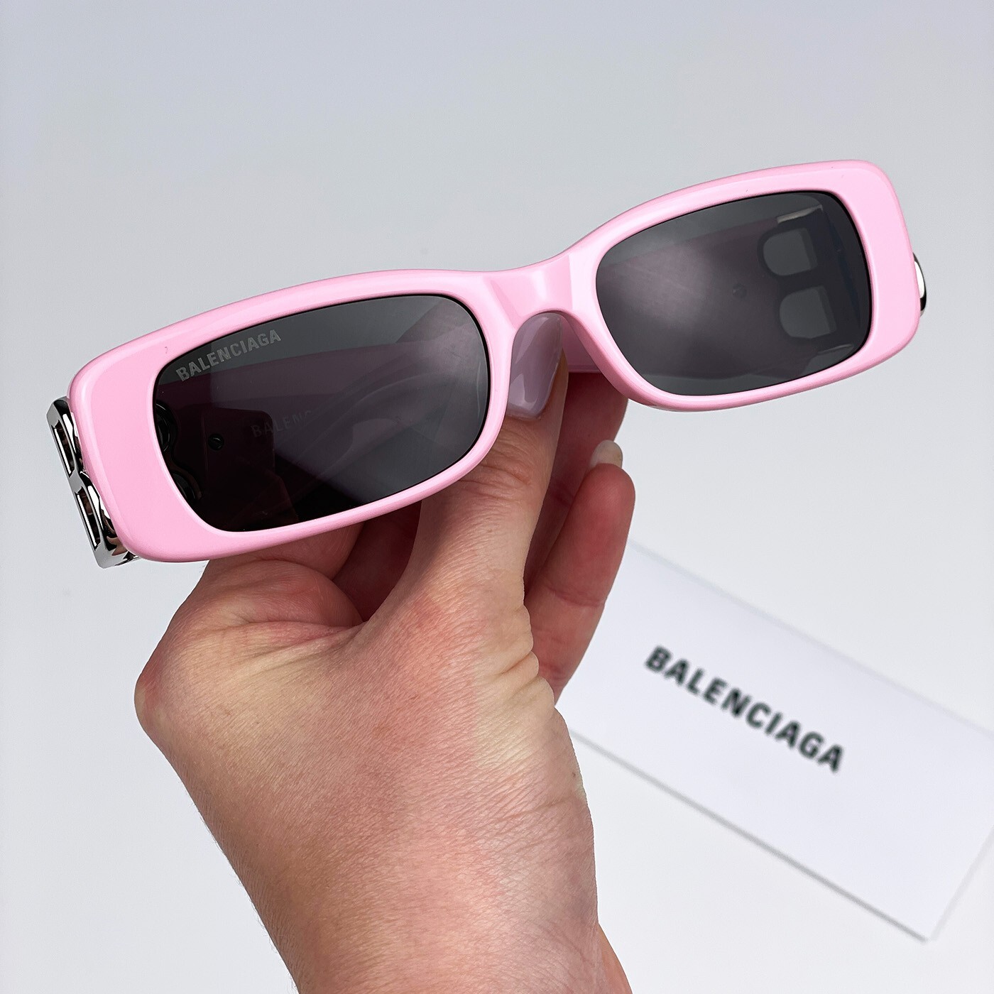 Pre-owned Balenciaga Bb0096s 012 Pink Silver Logo Grey Rectangle Unisex Sunglasses In Gray