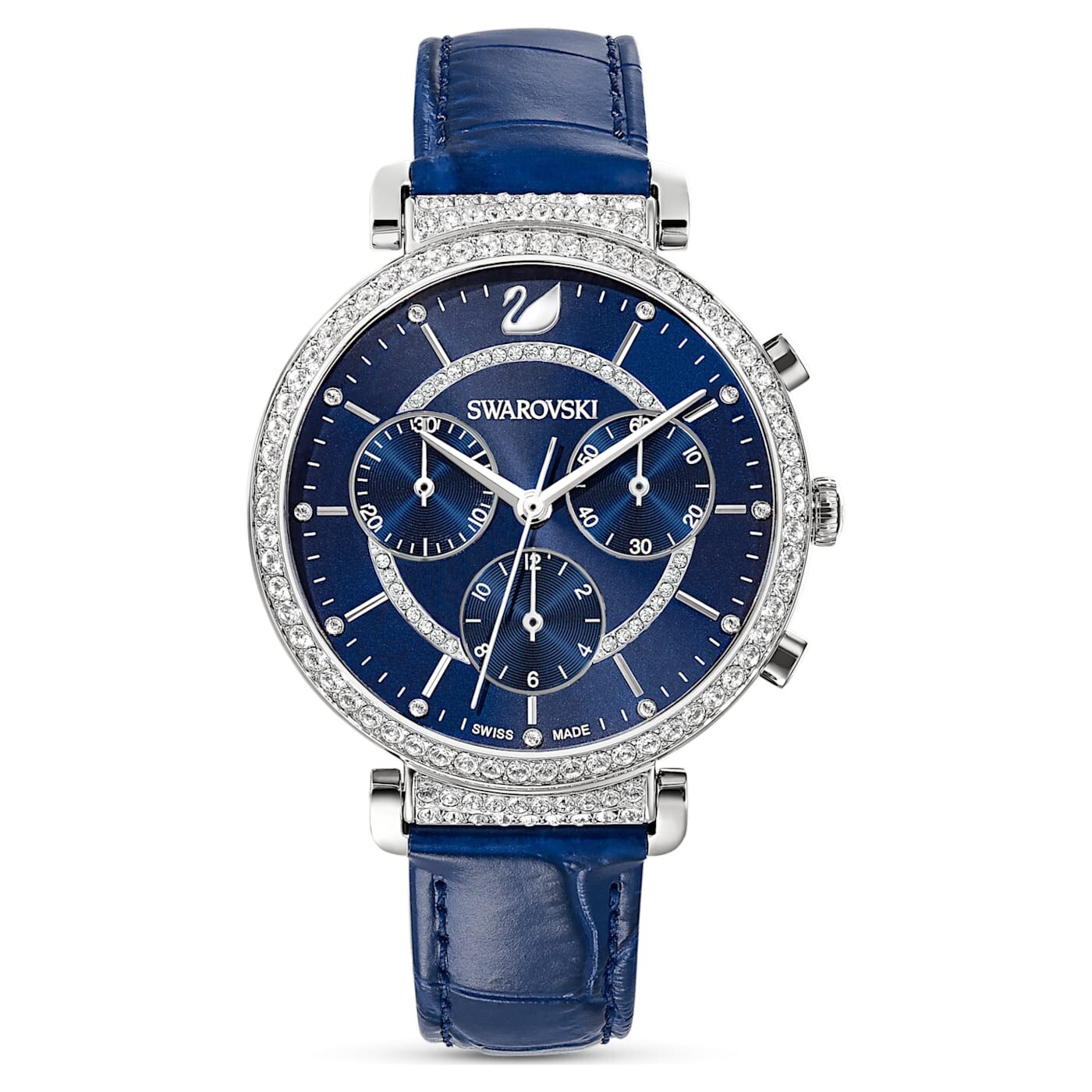 Pre-owned Swarovski Passage Chrono Watch, Swiss Made, Leather Strap, Blue, 5580342