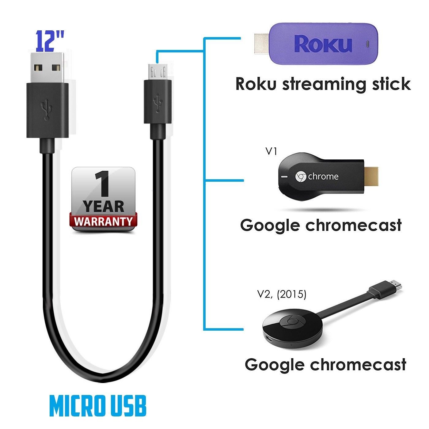 12" Short MICRO USB Power Cable for Chromecast V1V2, Roku Express