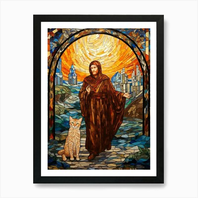 Monk & Cat Mosaic Art Prin  Wall Art Print Framed Canvas Picture Poster Decor A3