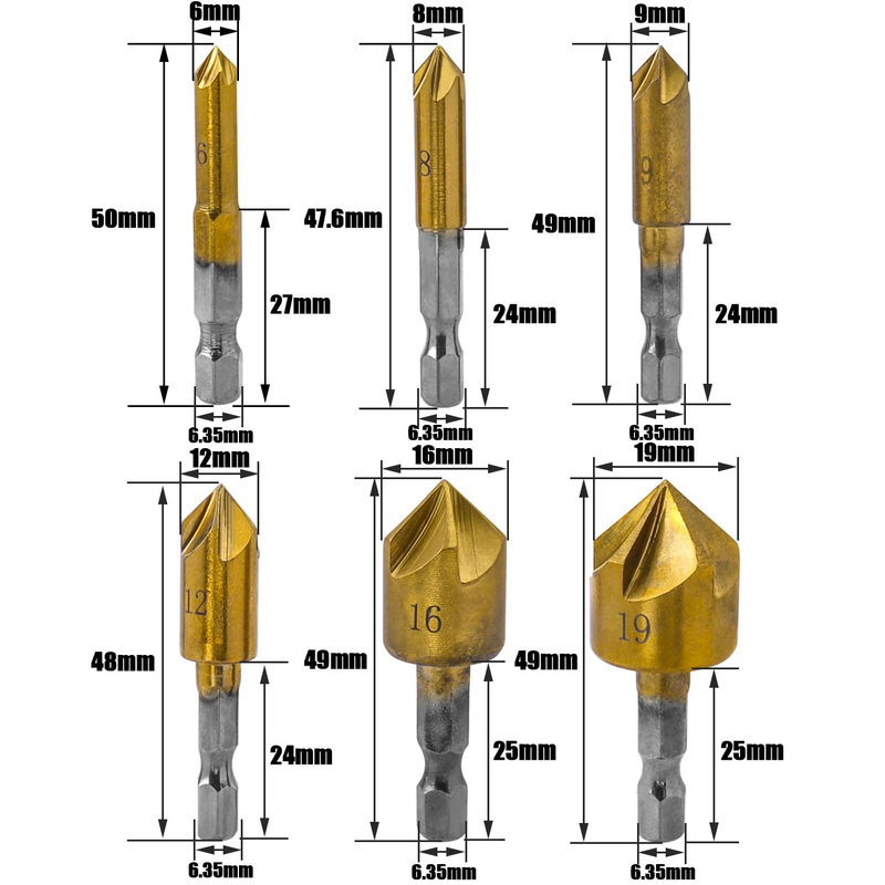 6 Pcs Countersink Chamfer Drill Bits Set 82 Degree Chamfering Cutter 1/4 Inch He