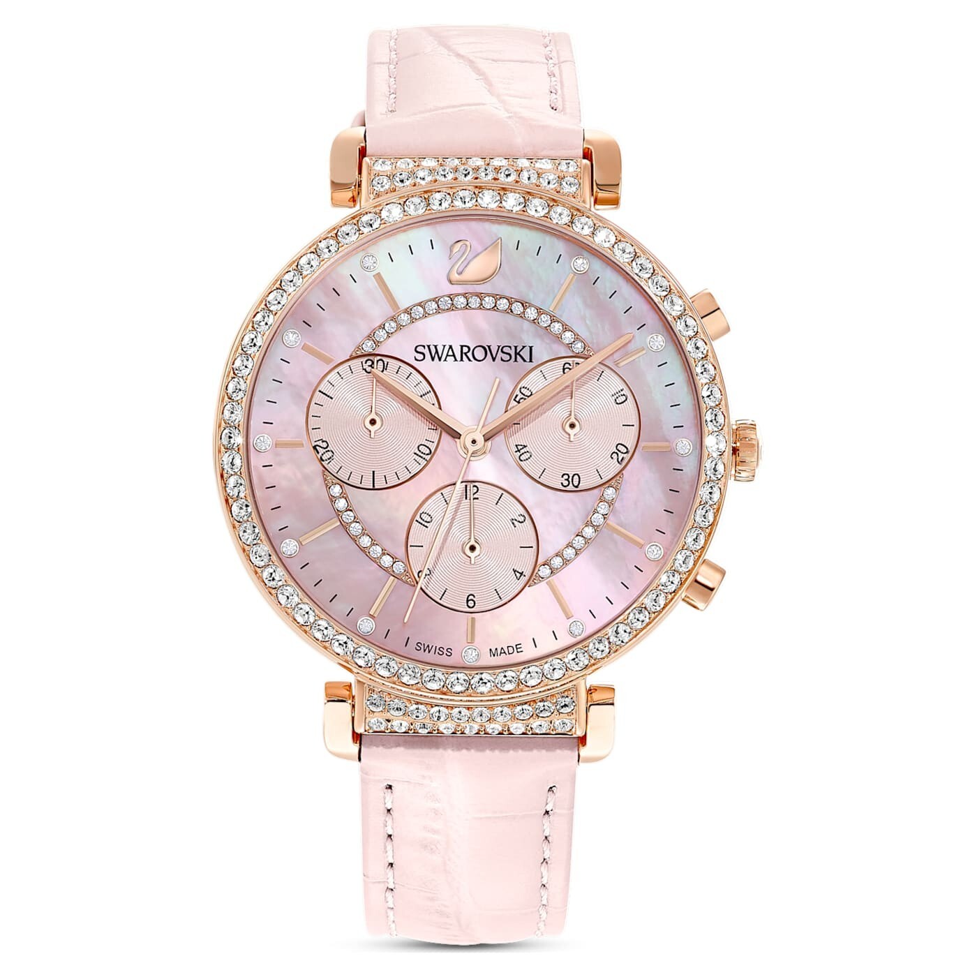 Pre-owned Swarovski Passage Chrono Watch Leather Strap, Pink, Rose-gold Tone 5580352