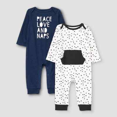 Cat & Jack Baby Boys' Blue/Black 2pk 'Peace Love & Naps' Long Sleeve Rompers 18M