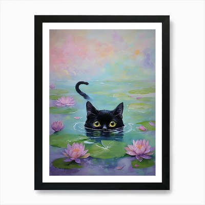 Monet Waterlily Cat Art Print Framed Wall Art Poster Canvas Print Picture