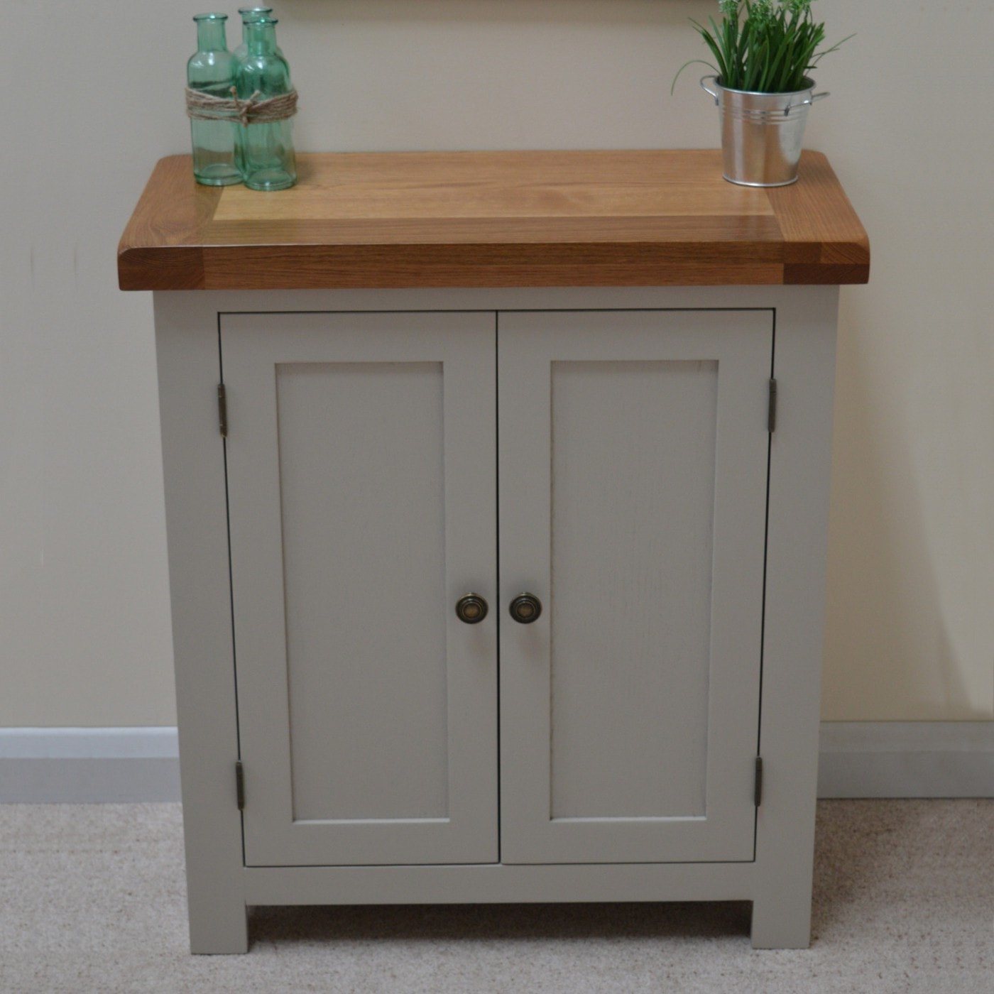Grey Painted Oak 2 Door Linen Cupboard Solid Wood Storage