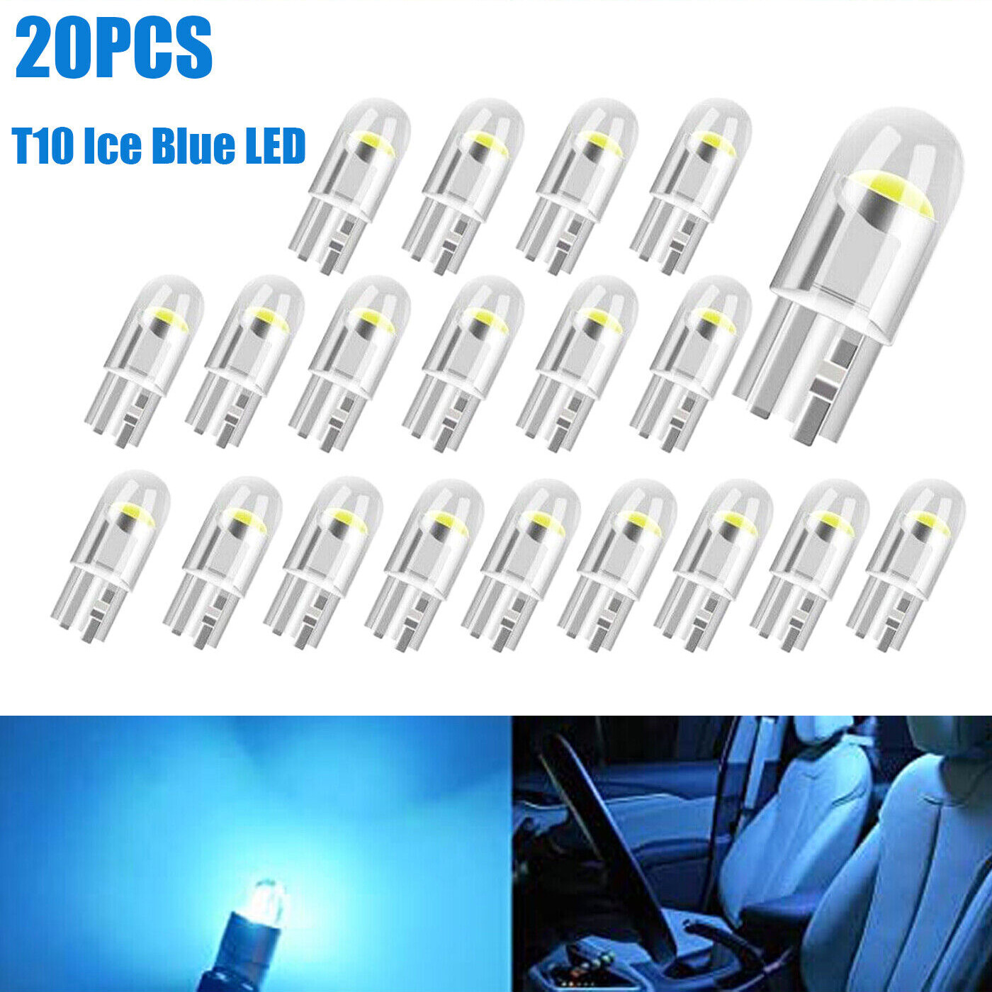 20Pcs Ice Blue T10 194 W5W 2825 LED Interior Map Dome License Plate Light Bulbs