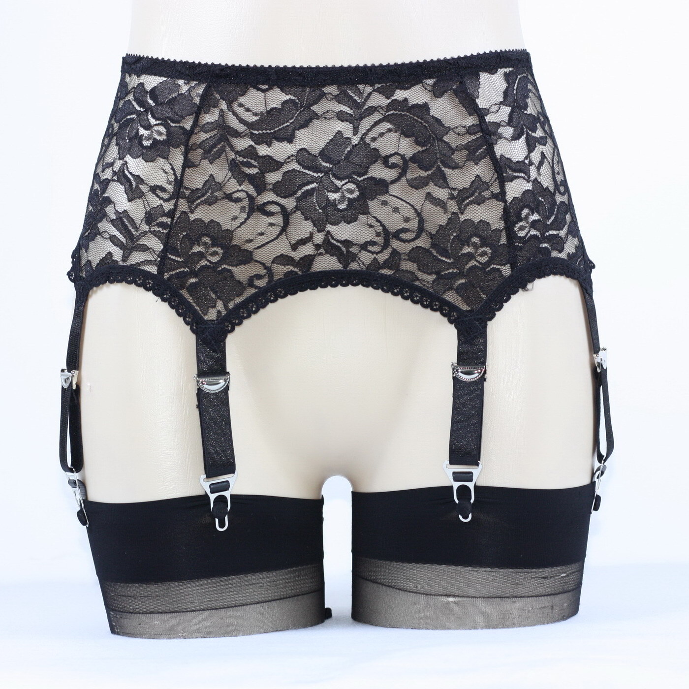 Luxallacki Hollow Lace Floral Garter Belt with 6 Straps Metal Clasp Lingerie