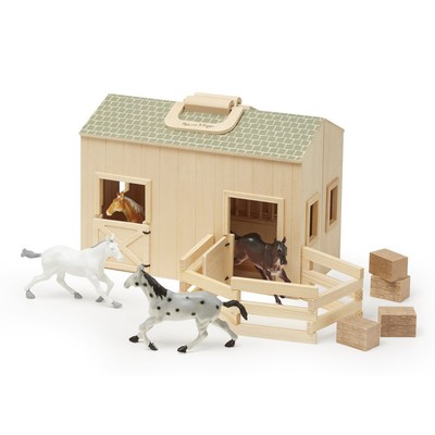 melissa & doug folding wooden horse stable dollhouse with fence