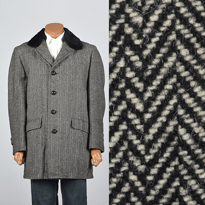 42 1970s Mens Winter Coat Black White Herringbone Wool Tweed Plush