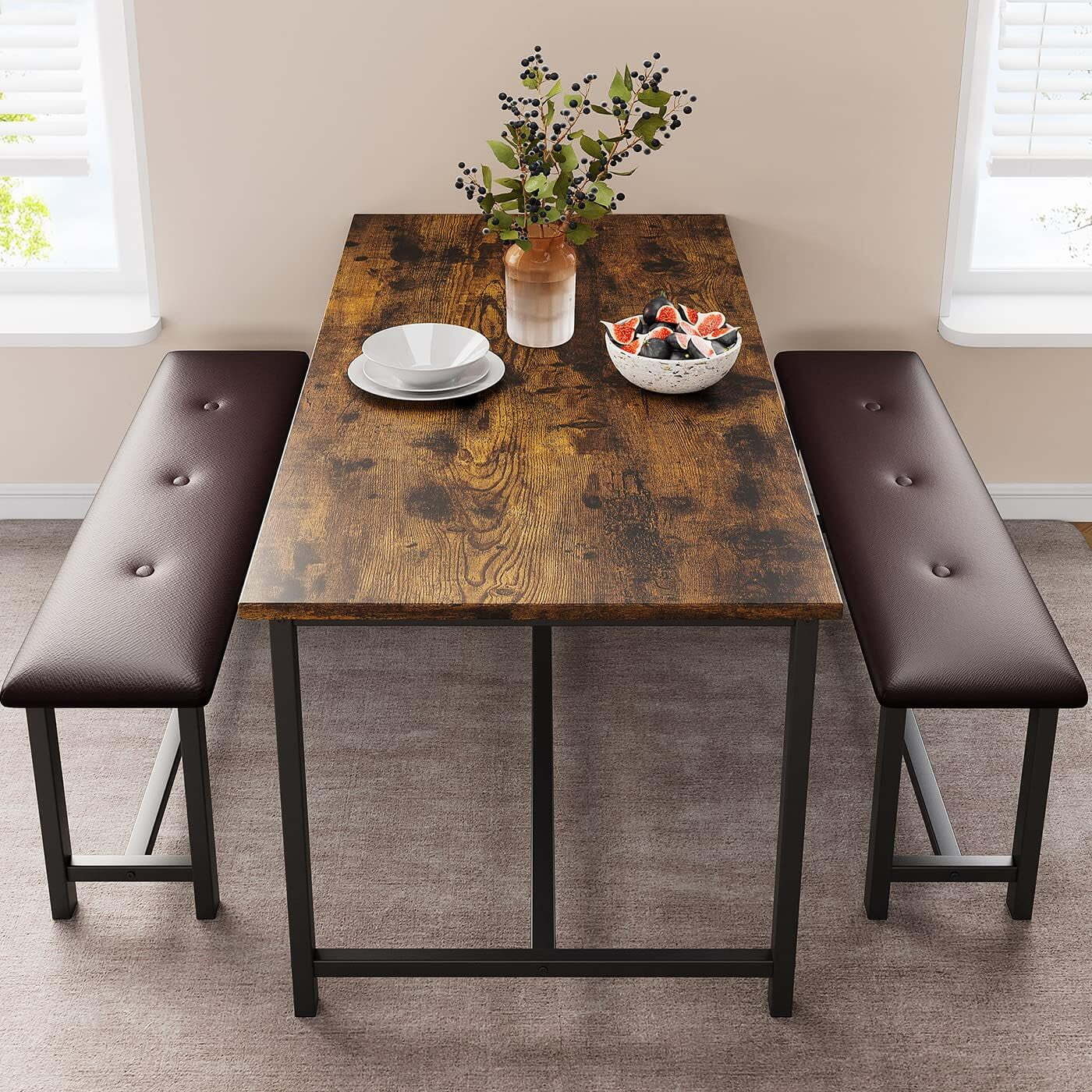 Dining Set for 4 Wood Top Table and 2 PU Leather Upholstered Bench Small Kitchen