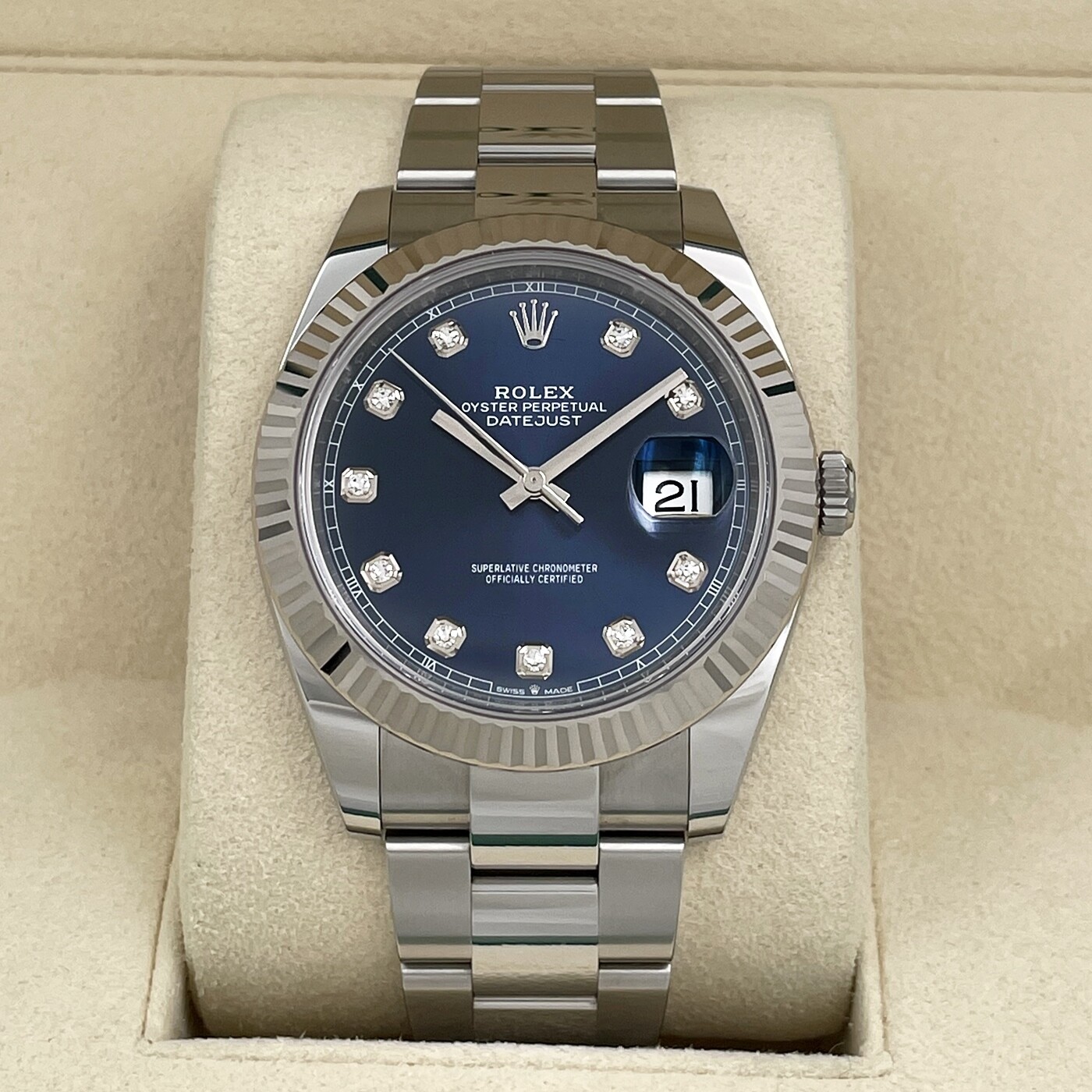 Pre-owned Rolex Datejust 41 Blue Diamond 126334 Fluted Bezel Oyster Unworn Complete