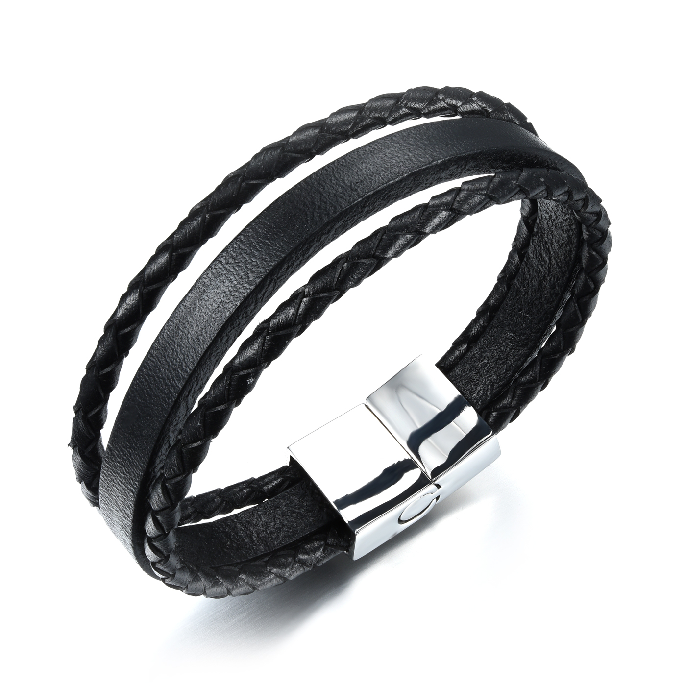 『HER LEATHER BRACE BLACK』 Stainless Steel Genuine Leather Bracelet Black Silver Men's