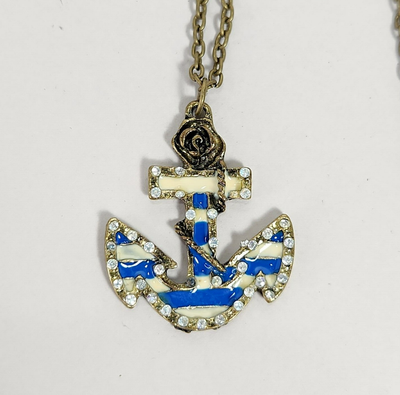 Betsey Johnson Anchor Necklace Gold Tone Blue White Stripe 26