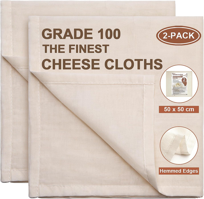 2-Pack Cheese Cloths for Straining, 50X50Cm Squares with Hemmed Edges, Grade 100
