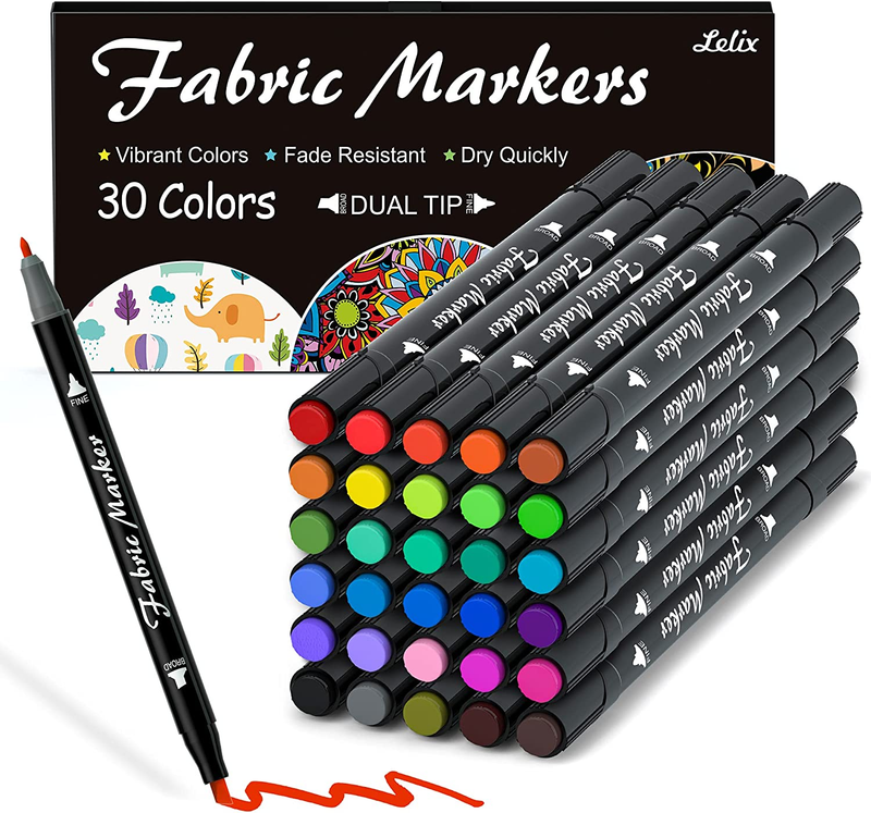 Fabric Markers,  30 Permanent Colors Dual Tip Fabric Pens for Writing Painting o