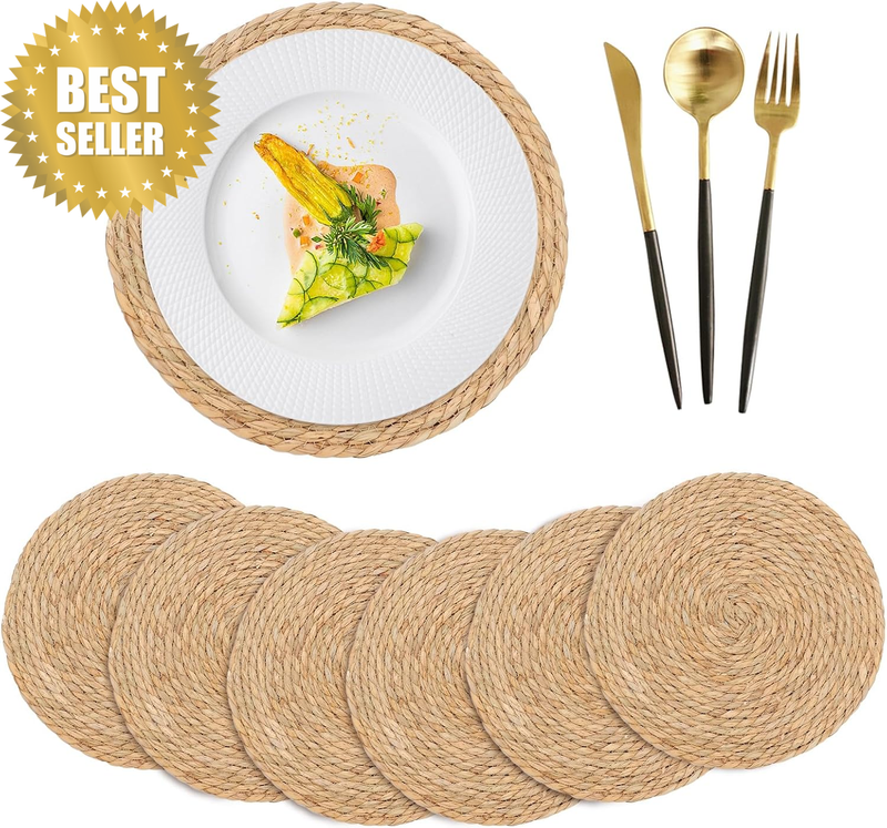 Hand-Woven round Placemats Set of 6 Natural Straw Table Mats(35Cm) | Thick Weave