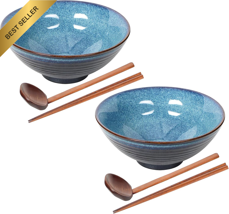 EP Leben Ceramic Japanese Style Ramen Bowl Set with Chopsticks,8 Inch 40 Oz Asia
