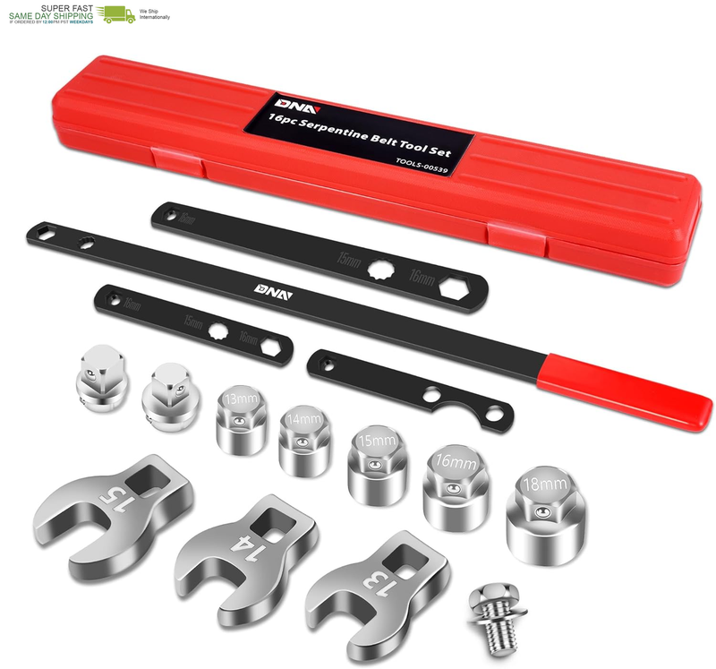 DNA MOTORING 16Pc Serpentine Belt Tool Set, Install Remove Serpentine Belts for Spring Loaded, with Case, TOOLS-00539