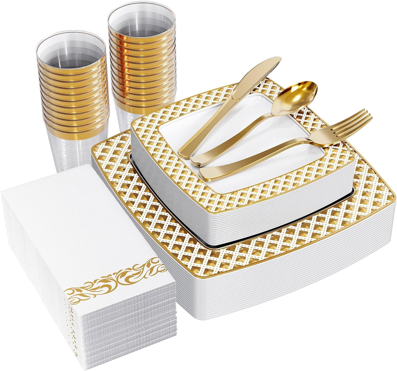175 Piece Gold Dinnerware Set 25 Guest-50 Diamond Square Plastic Plates-25 Gold