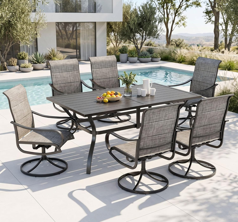 7 Piece Patio Dining Set for 6, 1 Large Metal Table and 6 Outdoor Dining Chairs