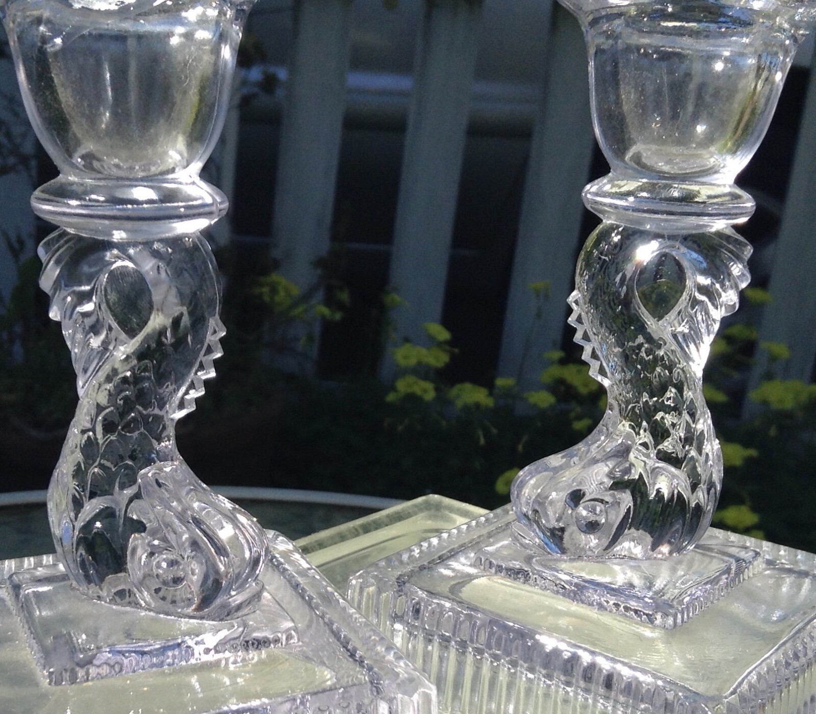 VINTAGE PAIR CAMBRIDGE CLEAR GLASS DOLPHIN OR KOI FISH NAUTICAL CANDLESTICK