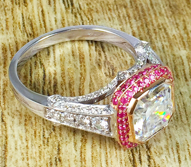 18k White Rose Gold Asscher Cut And Pink Sapphire Bezel Engagement Ring 2.20ctw