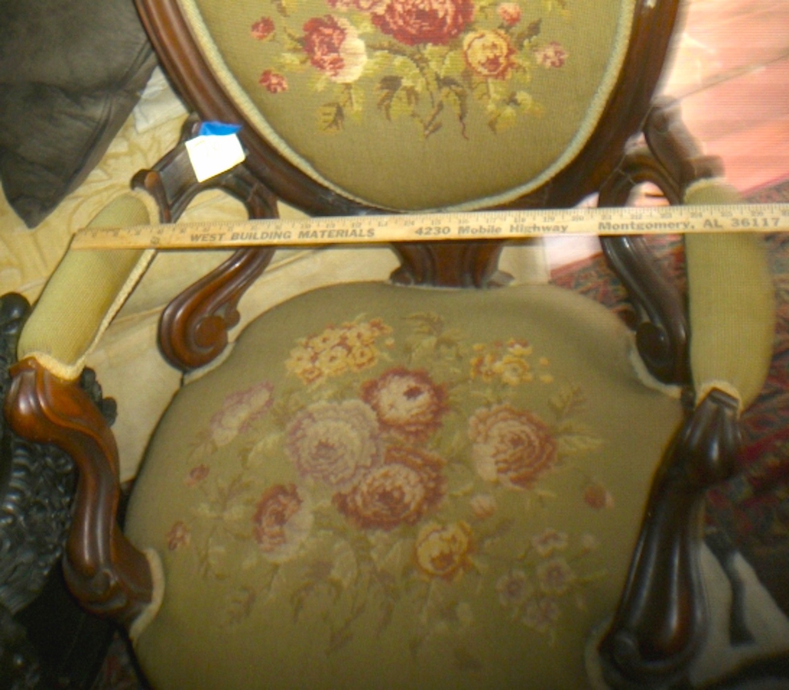 Antique Parlor chair  1800's  Victorian  Needlepoint Green  with  Roses  cat #72