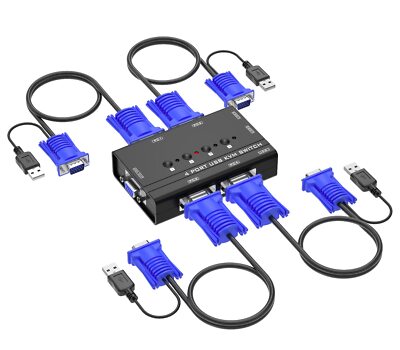 VGA KVM Switch, 4 Port USB VGA KVM Switch w/4 KVM Cables & 3 USB Hubs for 4 C...